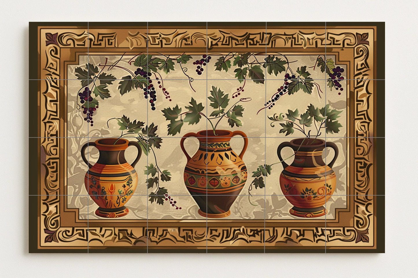 Mediterranean amphora tile mural • Rustic terracotta ceramic with grapes • Tuscan ceramic wall panel in vintage wine decor style