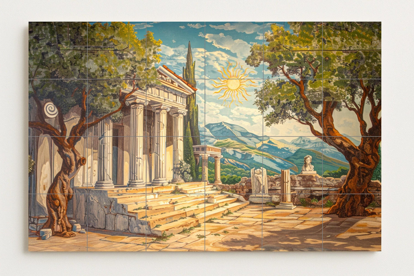 Tile mural of a Greek temple • Ceramic panel of ancient ruins • Classical architectural wall art • Hellenic heritage scene for cultural decoration