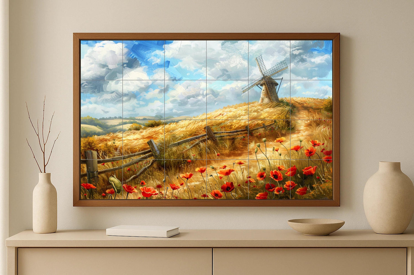 English Countryside Tile Mural • Wild Poppy Field Ceramic Art • Windmill Wall Panel • British Rural Landscape for Rustic Decor
