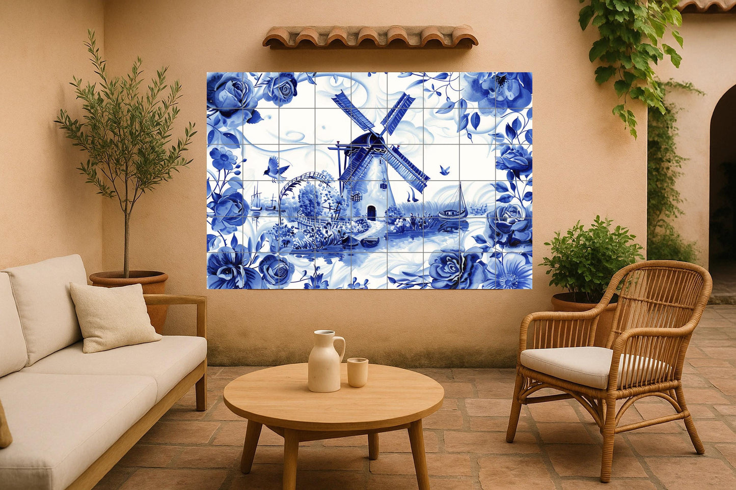 Dutch Windmill Tile Mural • Delft Blue Floral Ceramic Panel • Dutch Countryside Wall Art • Holland Canal Scene Home Decor