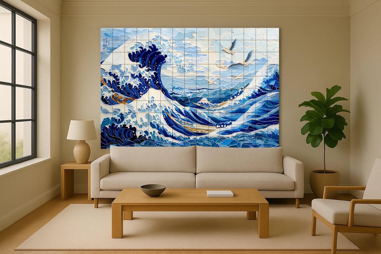 Great Wave Tile Mural • Japanese Ceramic Art Panel • Hokusai-Inspired Ocean Wall Decor • Seigaiha Style • Edo Seascape Interior Design