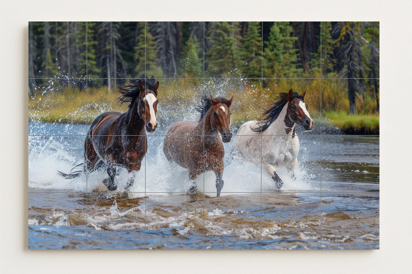Wild Horse Tile Mural • Western Nature Ceramic Panel • Montana Mustang Wall Art • Rustic River Scene • Equine Freedom Decor