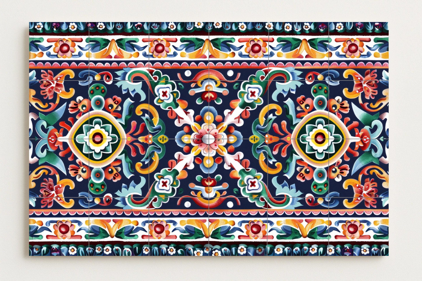 Talavera tile mural • Ceramic panel of Puebla folk art • Mexican kitchen wall decor • Colonial floral print • Vibrant Latin home style