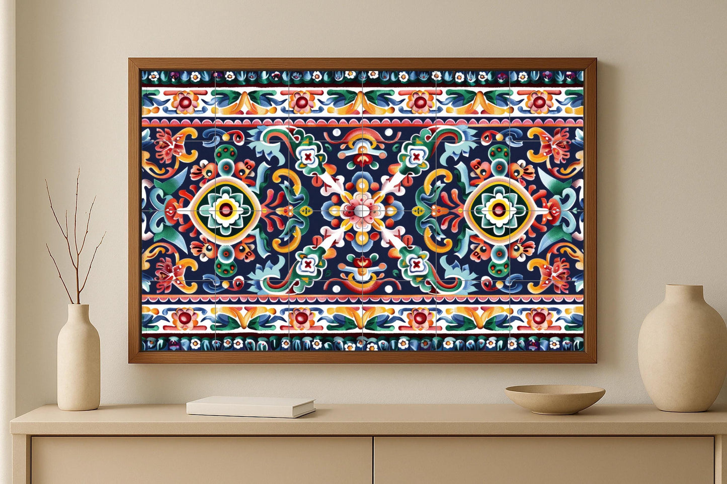 Talavera tile mural • Ceramic panel of Puebla folk art • Mexican kitchen wall decor • Colonial floral print • Vibrant Latin home style