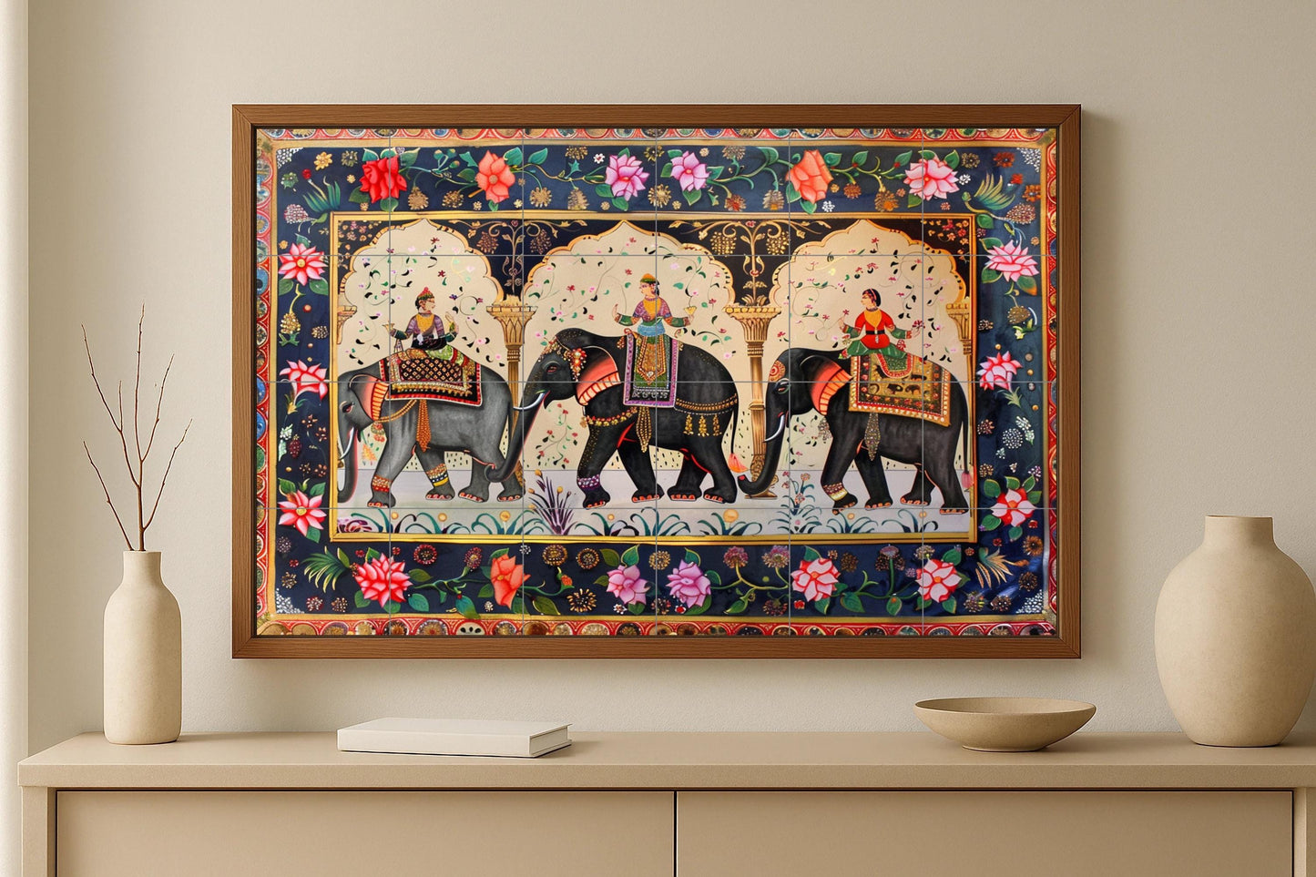 Tile mural with Mughal elephant procession • Art panel from the Jaipur palace • Ceramics inspired by Indian miniatures • Floral wall decoration from Rajasthan