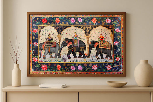 Tile mural with Mughal elephant procession • Art panel from the Jaipur palace • Ceramics inspired by Indian miniatures • Floral wall decoration from Rajasthan