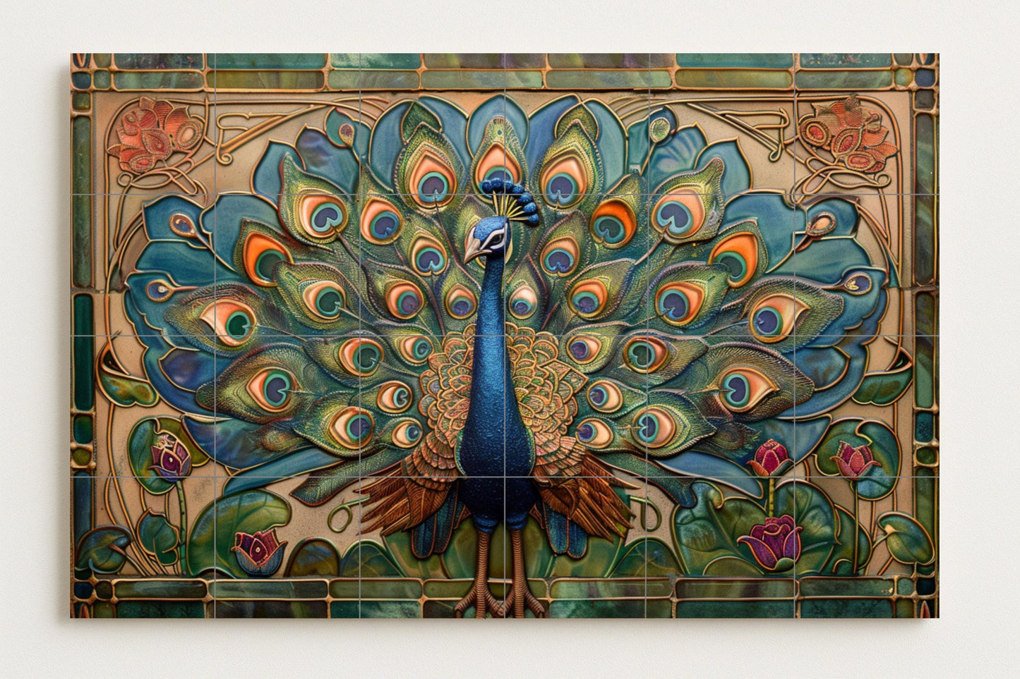 Art Nouveau peacock tile mural • Viennese Secession ceramic panel • Jugendstil stained glass • Elegant decorative bird design