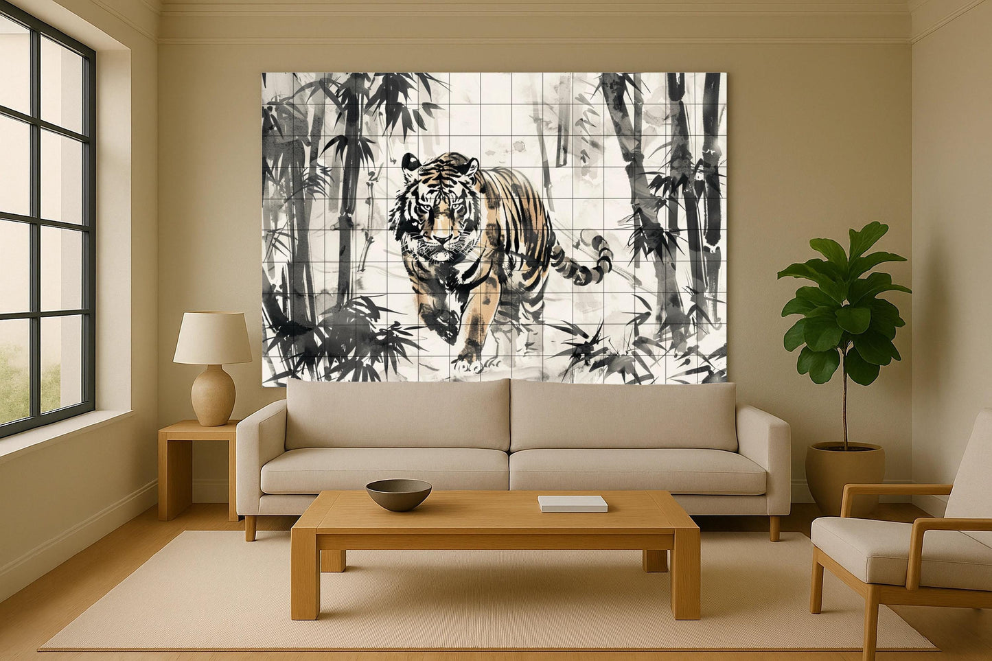 Tiger tile mural with ink wash • Chinese sumi-e ceramic panel • Bamboo forest wall art • Oriental jungle design • East Asian animal decor