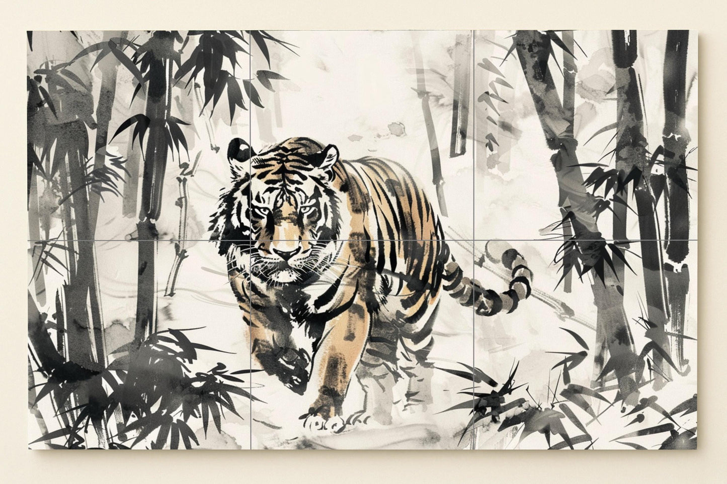 Tiger tile mural with ink wash • Chinese sumi-e ceramic panel • Bamboo forest wall art • Oriental jungle design • East Asian animal decor