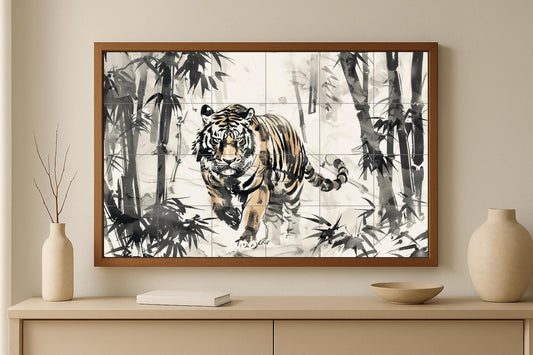 Tiger tile mural with ink wash • Chinese sumi-e ceramic panel • Bamboo forest wall art • Oriental jungle design • East Asian animal decor