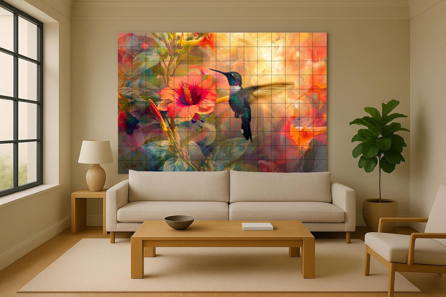 Hummingbird Flower Tile Mural • Caribbean Tropical Wall Art • Hibiscus Flower Ceramic Panel • Latin Garden Bird Design • Colorful Decor