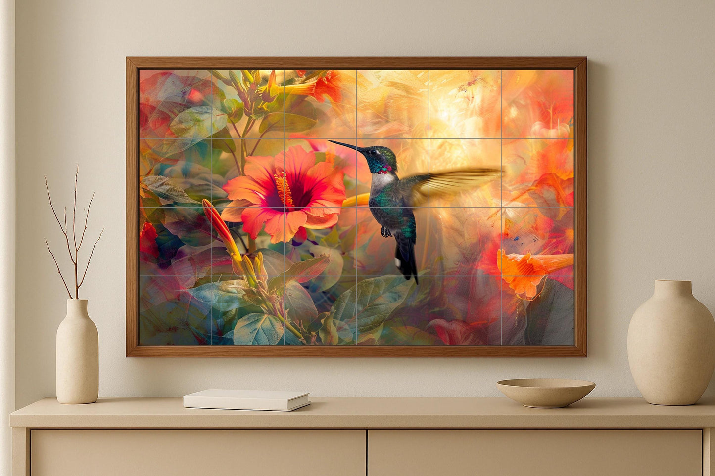 Hummingbird Flower Tile Mural • Caribbean Tropical Wall Art • Hibiscus Flower Ceramic Panel • Latin Garden Bird Design • Colorful Decor