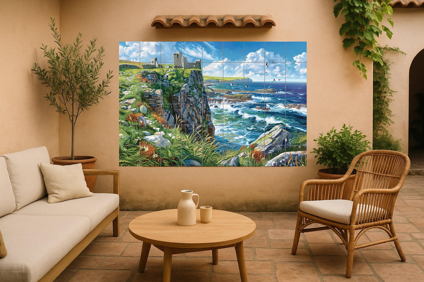 Northern Ireland tile mural • Giant's Causeway seascape panel • Coastal ruin pottery • Celtic cliff art • Irish landscape decoration