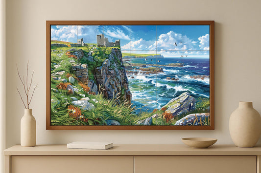 Northern Ireland tile mural • Giant's Causeway seascape panel • Coastal ruin pottery • Celtic cliff art • Irish landscape decoration