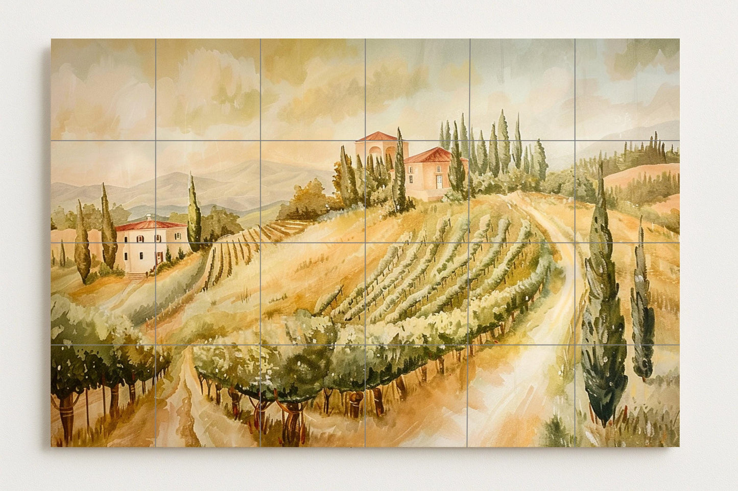 Tuscan Vineyard Tile Mural • Italian Countryside Art Panel • Chianti Ceramic Landscape • Olive Grove Kitchen Decor • Rustic European Scene