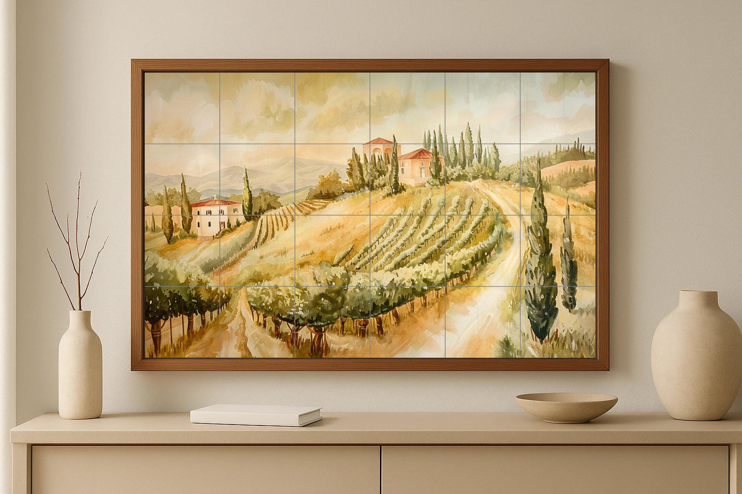 Tuscan Vineyard Tile Mural • Italian Countryside Art Panel • Chianti Ceramic Landscape • Olive Grove Kitchen Decor • Rustic European Scene