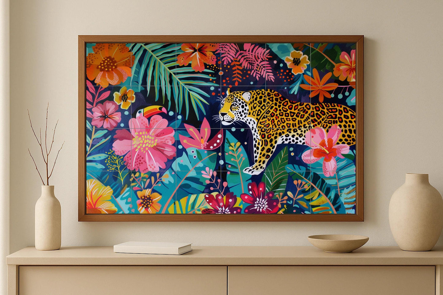 Amazon rainforest tile mural • Brazilian jaguar art panel • Rainforest toucan ceramic • Colorful floral wall decor • Latin nature design