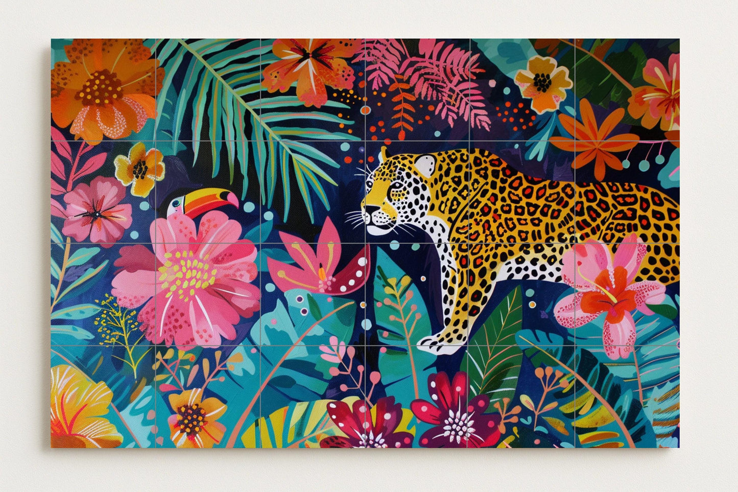 Amazon rainforest tile mural • Brazilian jaguar art panel • Rainforest toucan ceramic • Colorful floral wall decor • Latin nature design