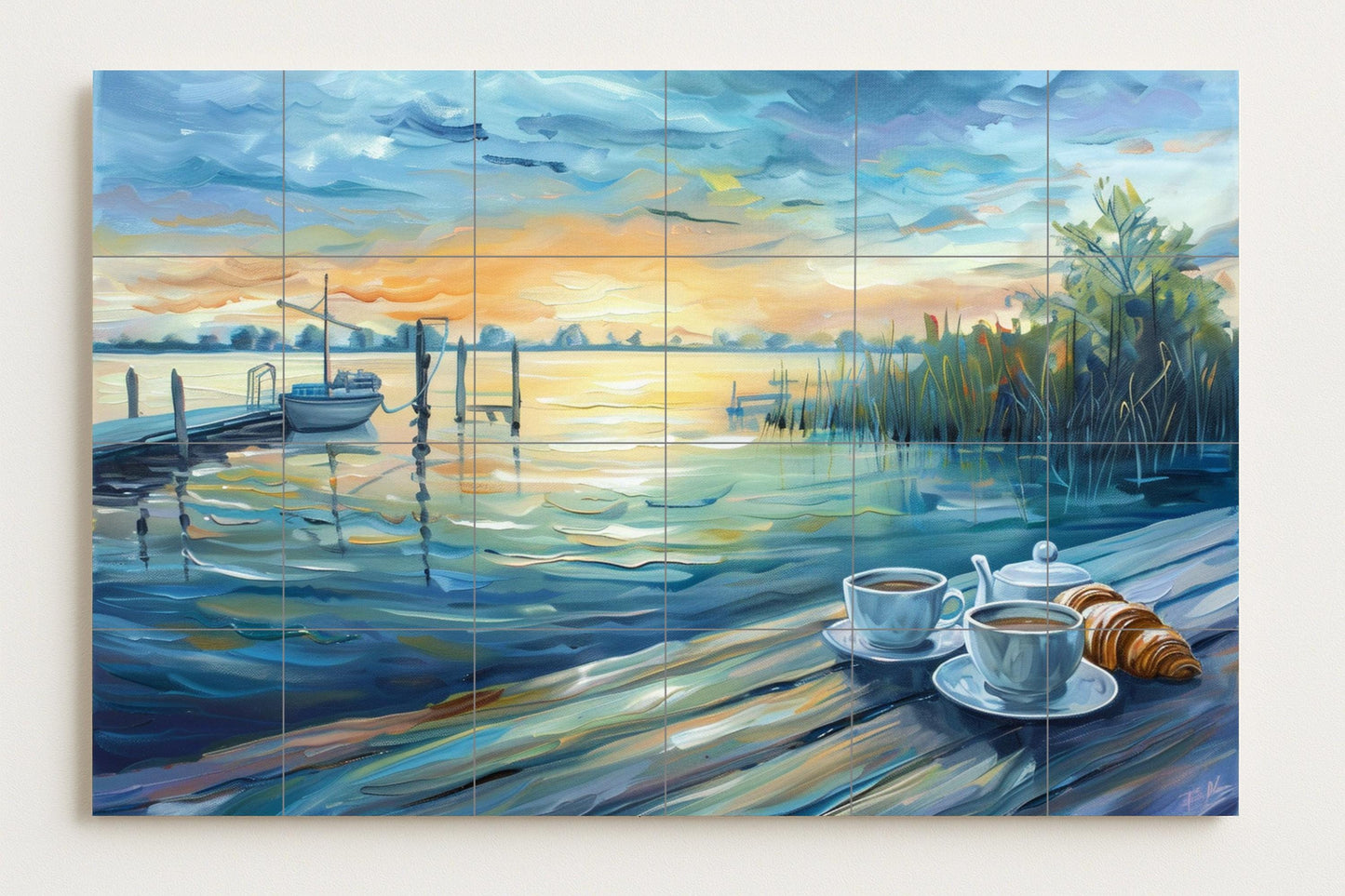Lakeside tile mural • French breakfast art panel • Croissant and coffee ceramic • Sunrise by the water wall decor • Elegant home design