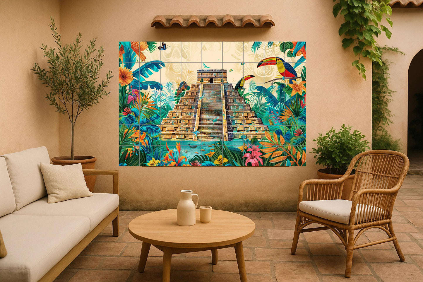 Chichen Itza mural tile • Ceramic panel from the Yucatan jungle • Mayan temple art • Tropical wall decoration with toucans, flowers, and parrots