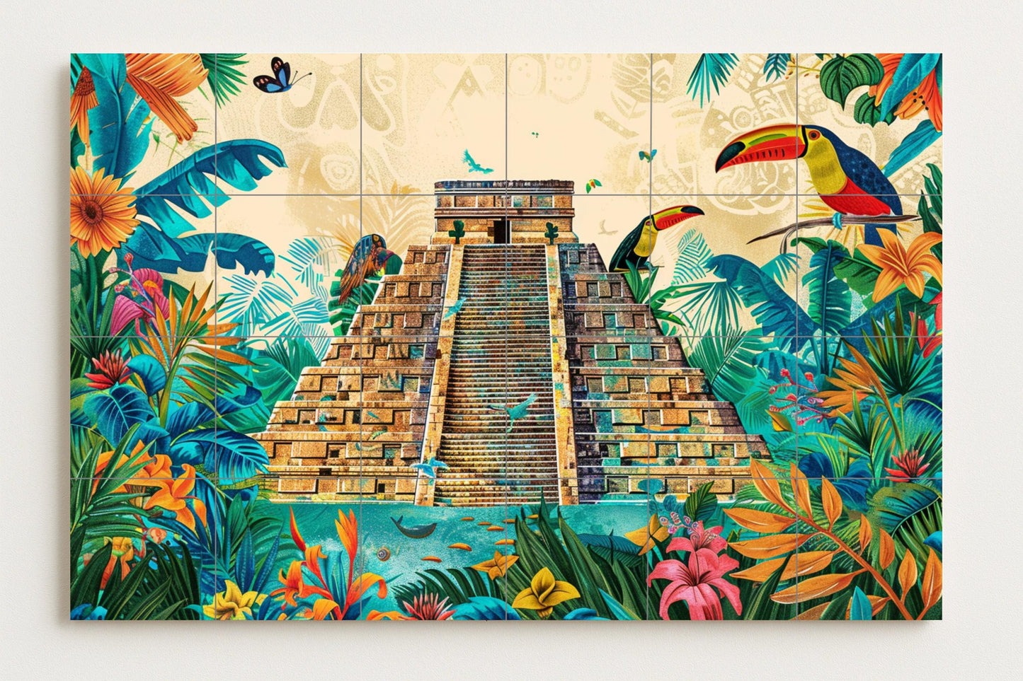 Chichen Itza mural tile • Ceramic panel from the Yucatan jungle • Mayan temple art • Tropical wall decoration with toucans, flowers, and parrots
