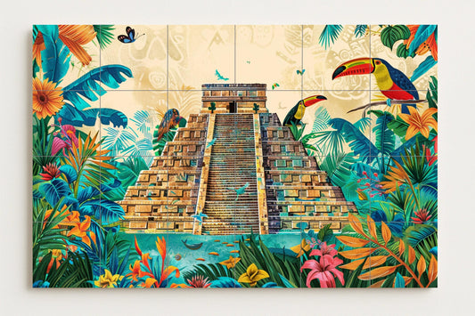 Chichen Itza mural tile • Ceramic panel from the Yucatan jungle • Mayan temple art • Tropical wall decoration with toucans, flowers, and parrots
