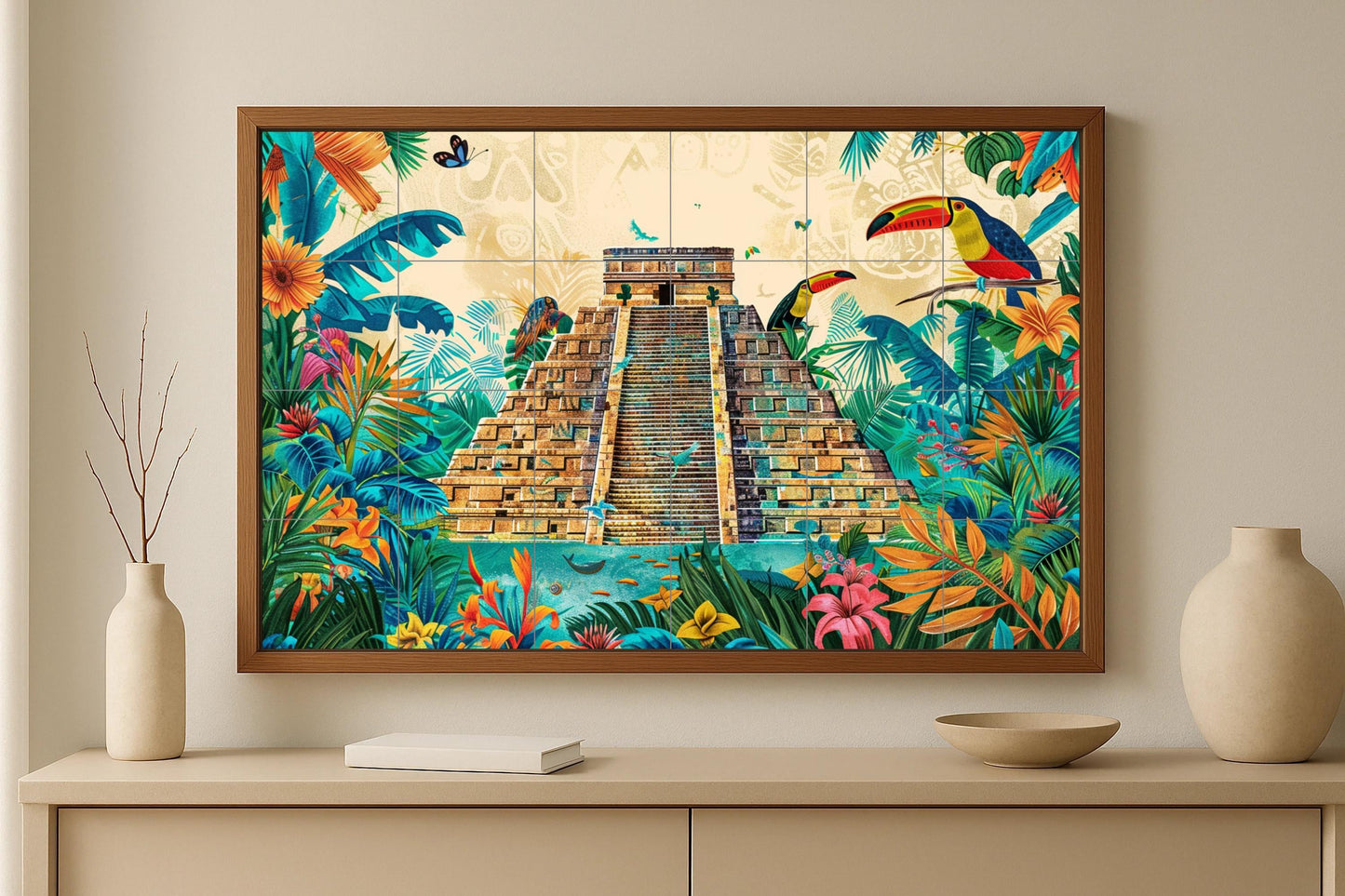 Chichen Itza mural tile • Ceramic panel from the Yucatan jungle • Mayan temple art • Tropical wall decoration with toucans, flowers, and parrots