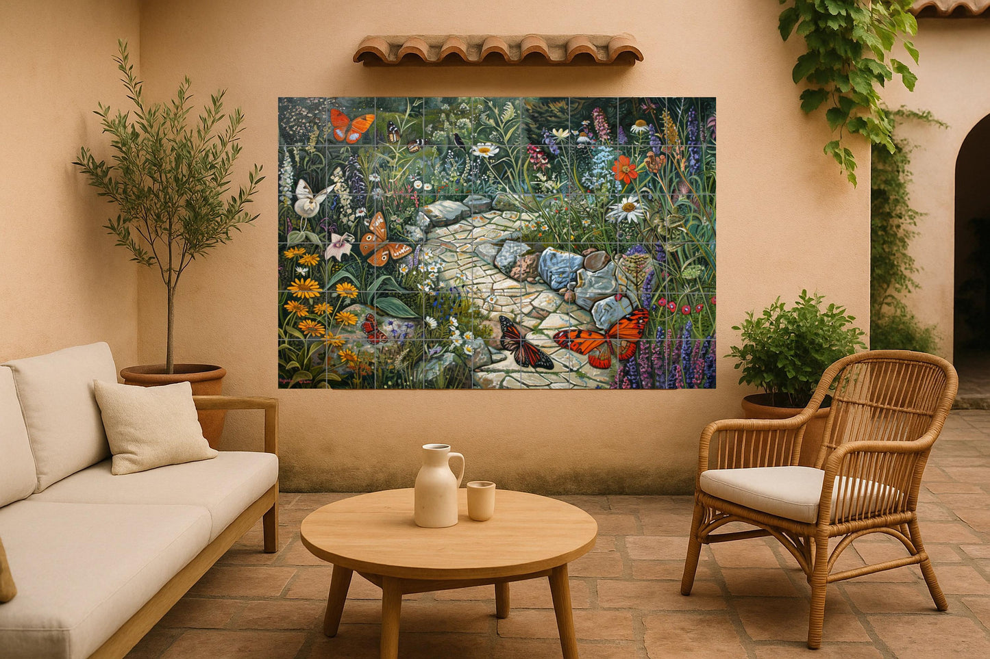 Butterfly Garden Tile Mural • English Countryside Ceramic Panel • Cottage Pathway Art • Pollinating Wildflower Wall for Natural Spaces