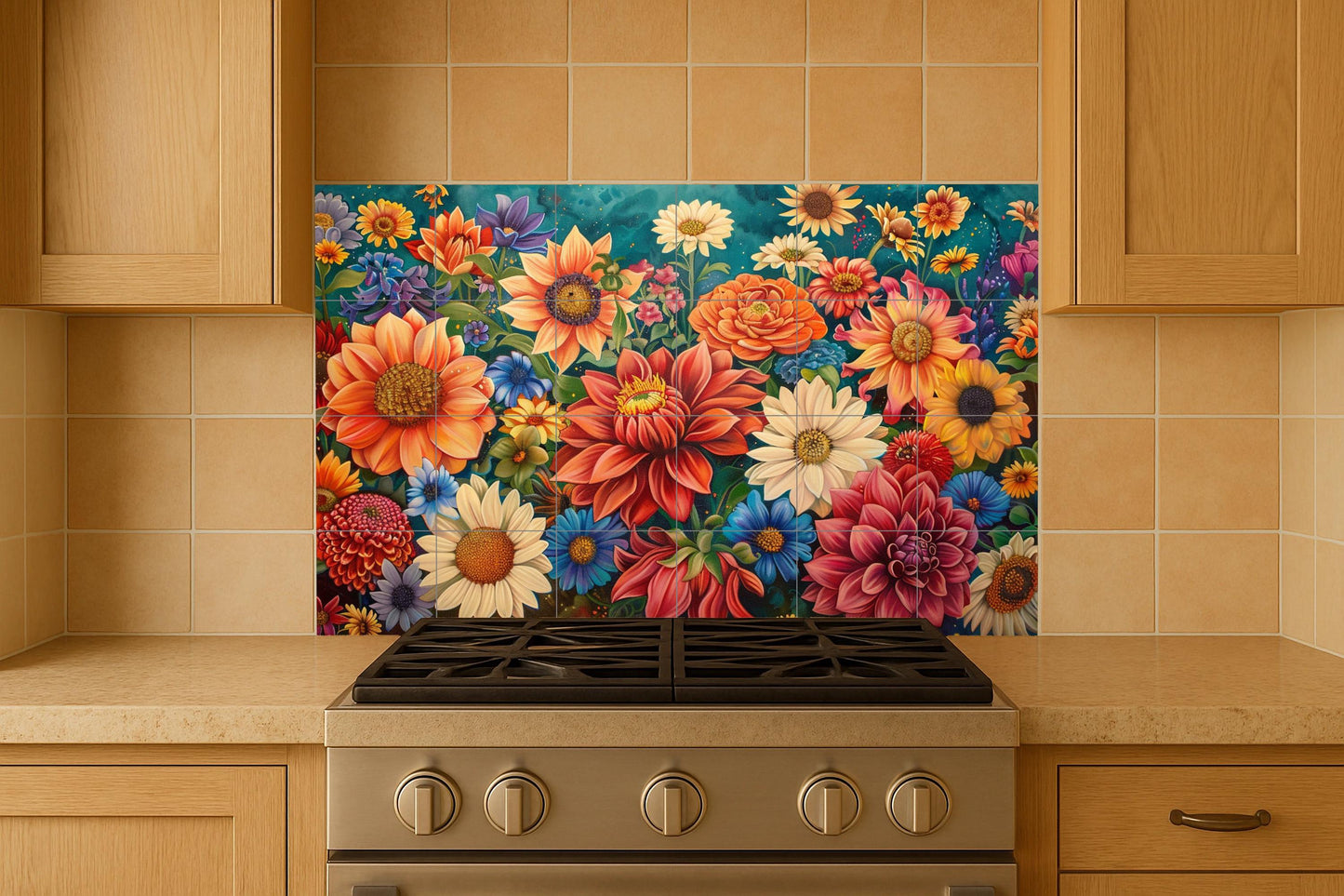 Mexican Dahlia Tile Mural • San Ángel Flower Wall Panel • Colorful Ceramic Garden • Folk Art Floral Tiles for Kitchen or Patio Decor