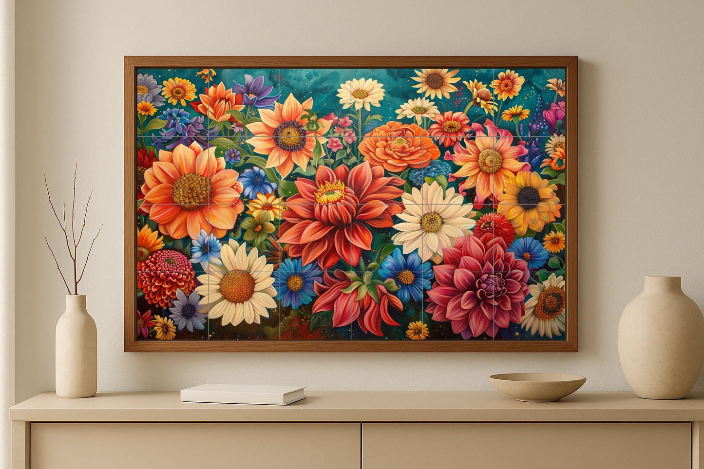 Mexican Dahlia Tile Mural • San Ángel Flower Wall Panel • Colorful Ceramic Garden • Folk Art Floral Tiles for Kitchen or Patio Decor