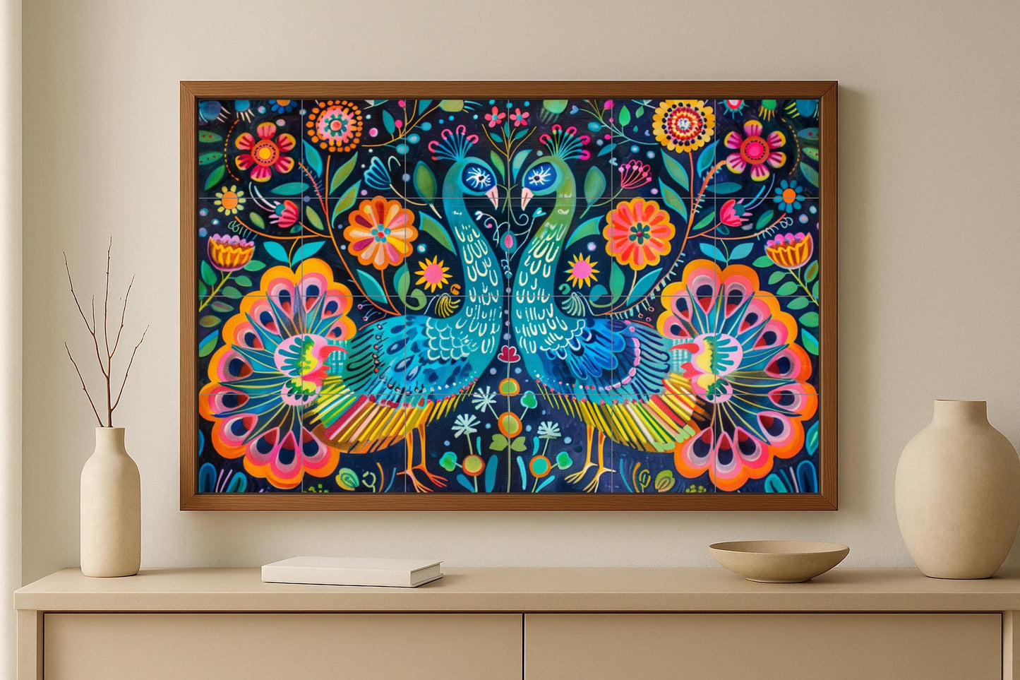 Otomi Peacock Tile Mural • Mexican Folk Art Wall Panel • Colorful Symmetrical Ceramics • Floral Birds from Hidalgo for Kitchen or Gallery