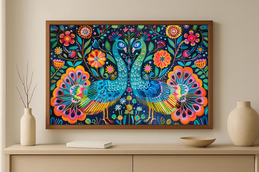 Otomi Peacock Tile Mural • Mexican Folk Art Wall Panel • Colorful Symmetrical Ceramics • Floral Birds from Hidalgo for Kitchen or Gallery