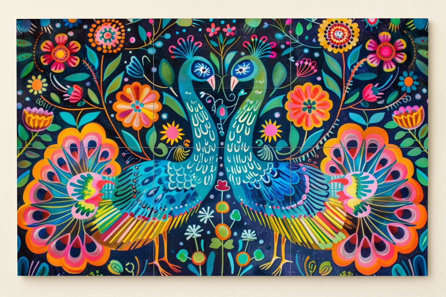 Otomi Peacock Tile Mural • Mexican Folk Art Wall Panel • Colorful Symmetrical Ceramics • Floral Birds from Hidalgo for Kitchen or Gallery