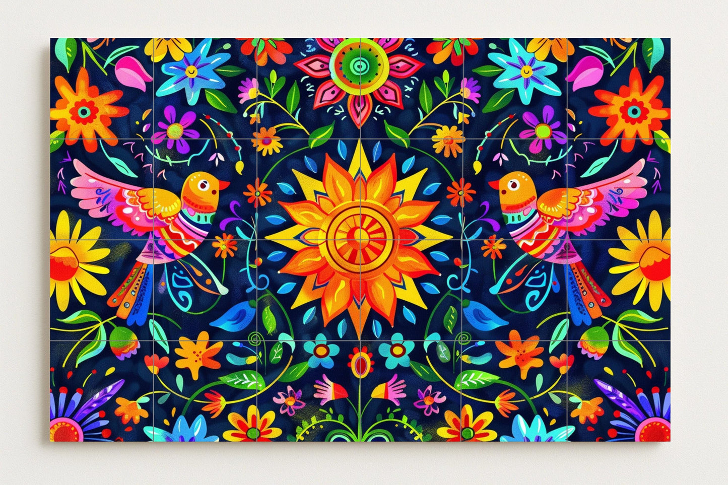 Otomi tile mural • Wall panel with Mexican sun and birds • Colorful floral ceramic • Hidalgo folk art tile for kitchen or party decoration