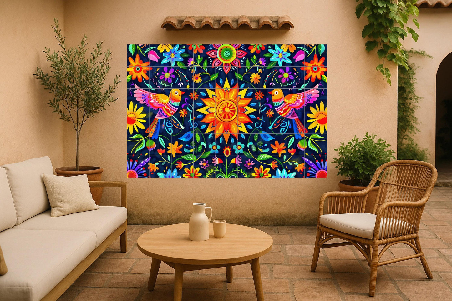 Otomi tile mural • Wall panel with Mexican sun and birds • Colorful floral ceramic • Hidalgo folk art tile for kitchen or party decoration