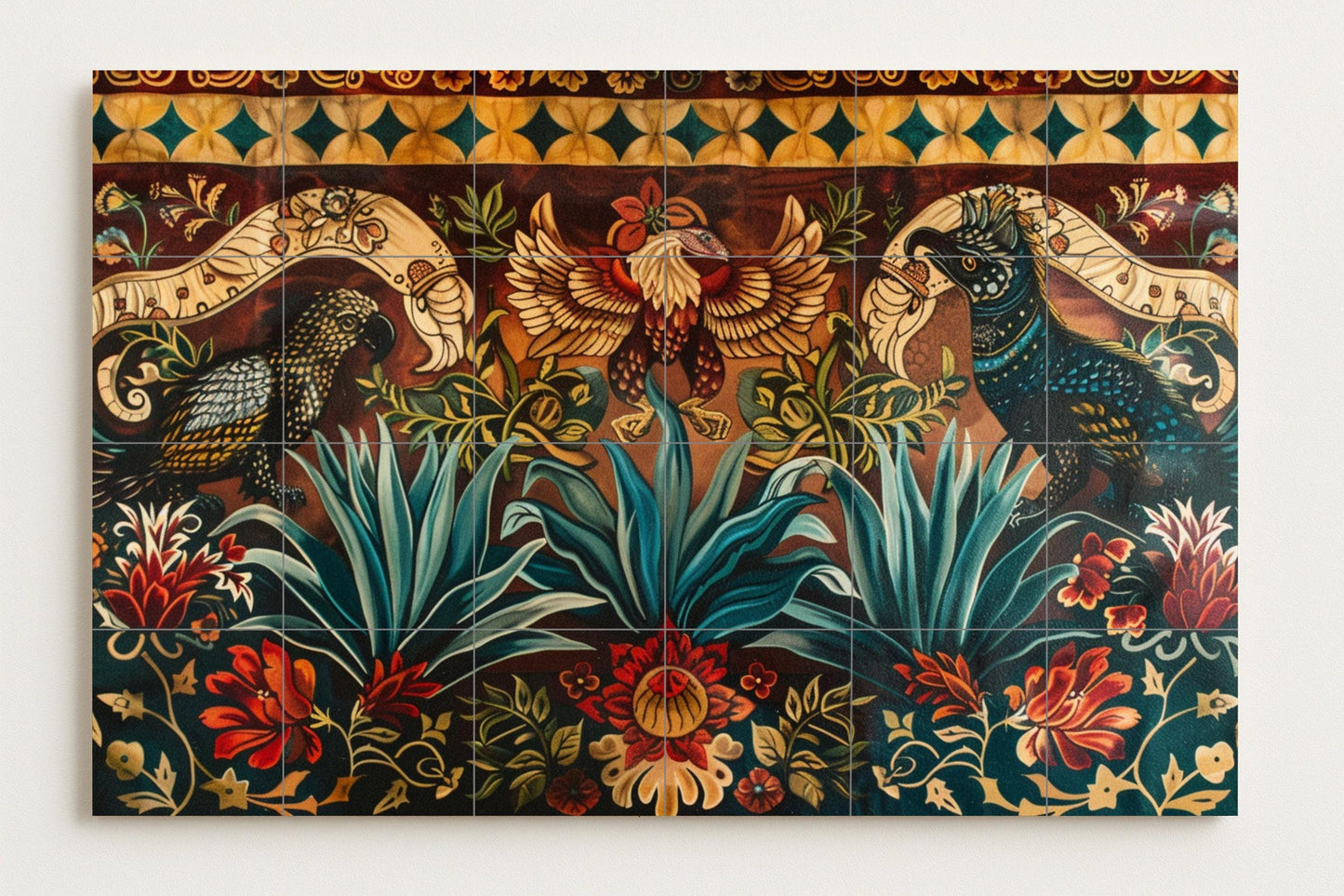 Mural of popular Mexican tiles • Agave and bird ceramics from Oaxaca • Wall panel with alebrije art • Talavera-style kitchen decor with festive floral motifs