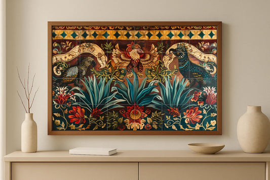 Mural of popular Mexican tiles • Agave and bird ceramics from Oaxaca • Wall panel with alebrije art • Talavera-style kitchen decor with festive floral motifs