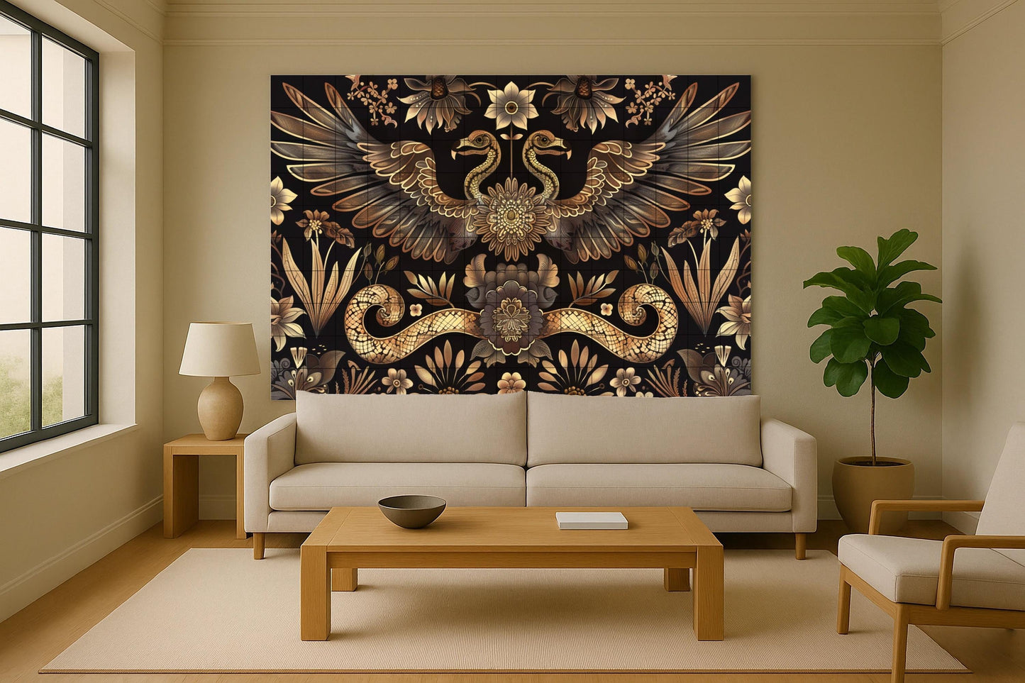 Folk art bird tile mural • Ukrainian symmetrical ceramics • Baroque floral snake design • Slavic folk ornamental wall decoration
