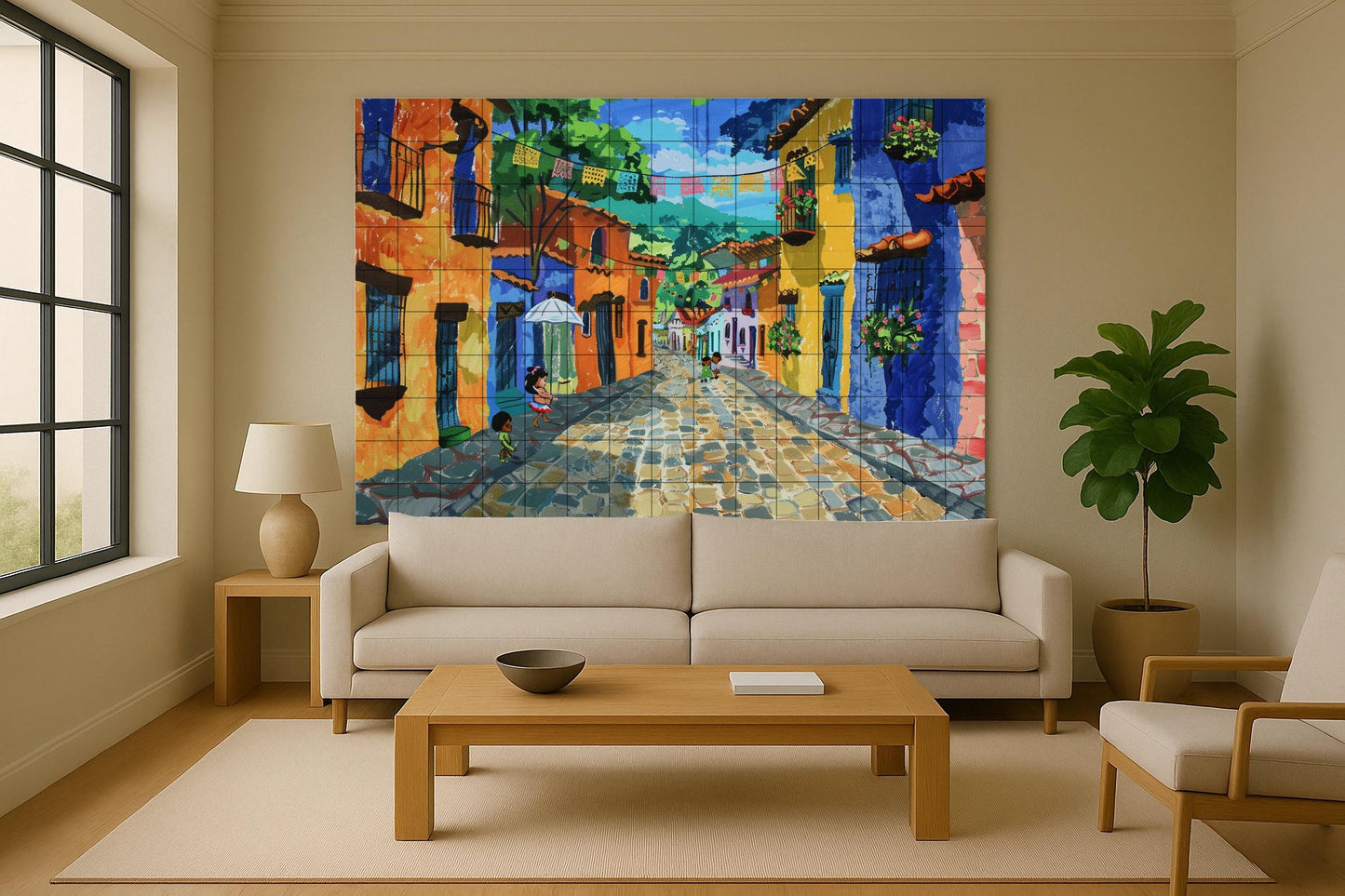 Mexican street tile mural • San Cristóbal folk art ceramics • Colorful colonial wall panel • Urban decor for Latin festivals
