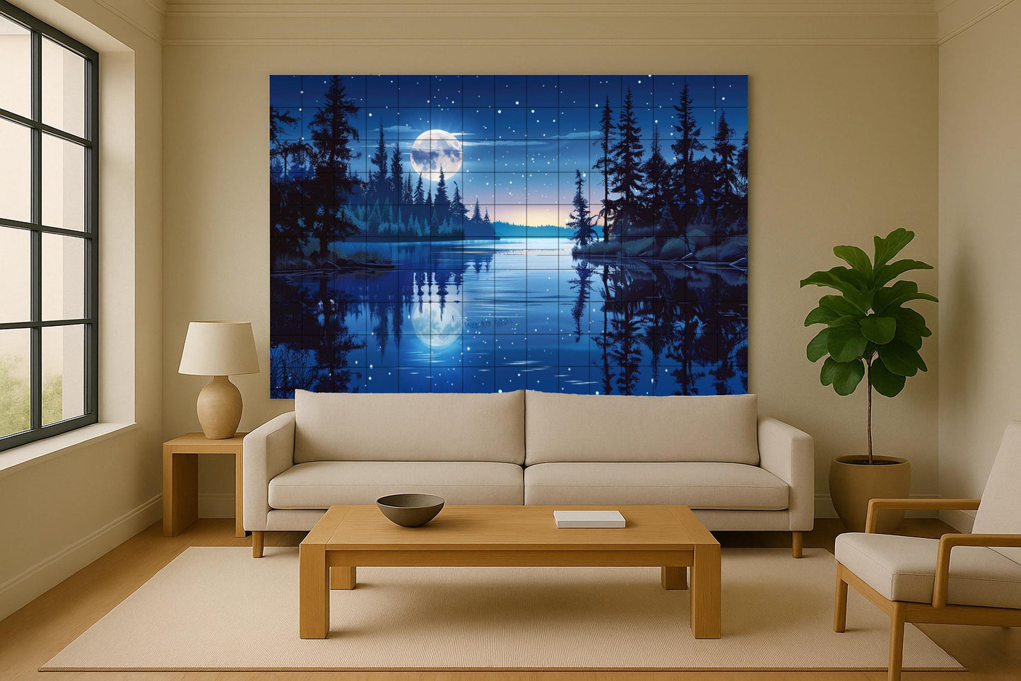 Tile mural with a moonlit lake and forest • Nordic night ceramic art • Canadian boreal landscape panel • Silent, starry nature wall decor