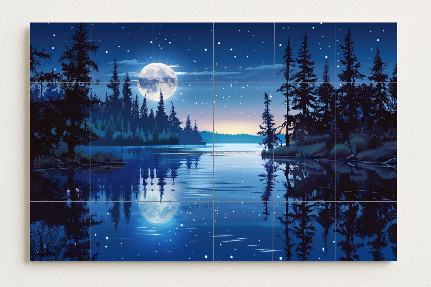 Tile mural with a moonlit lake and forest • Nordic night ceramic art • Canadian boreal landscape panel • Silent, starry nature wall decor