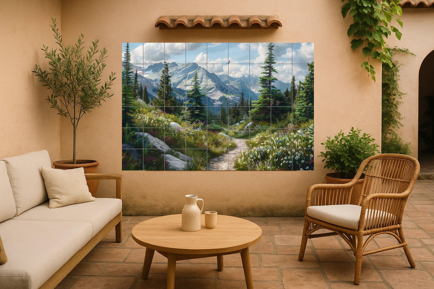 Alpine wildflower tile mural • Canadian Rocky Mountains art panel • Glacier trail ceramic • Mountain wall tile decor for nature lovers