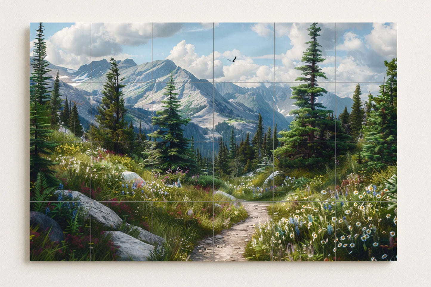 Alpine wildflower tile mural • Canadian Rocky Mountains art panel • Glacier trail ceramic • Mountain wall tile decor for nature lovers