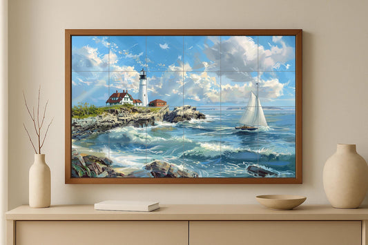 Nautical Lighthouse Tile Mural • Maine Coastal Wall Art • Nautical Seascape Ceramic Panel • New England Maritime Decor