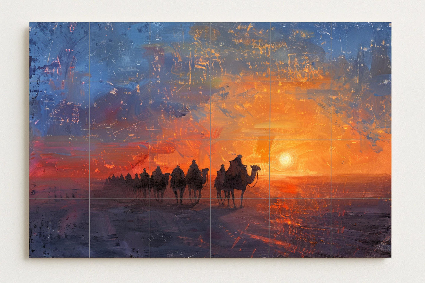 Sunset Caravan Mural • Wall Art with Arabian Camel Tiles • Ceramic Desert Silhouettes Inspired by the Sahara • Oriental Nomadic Decor
