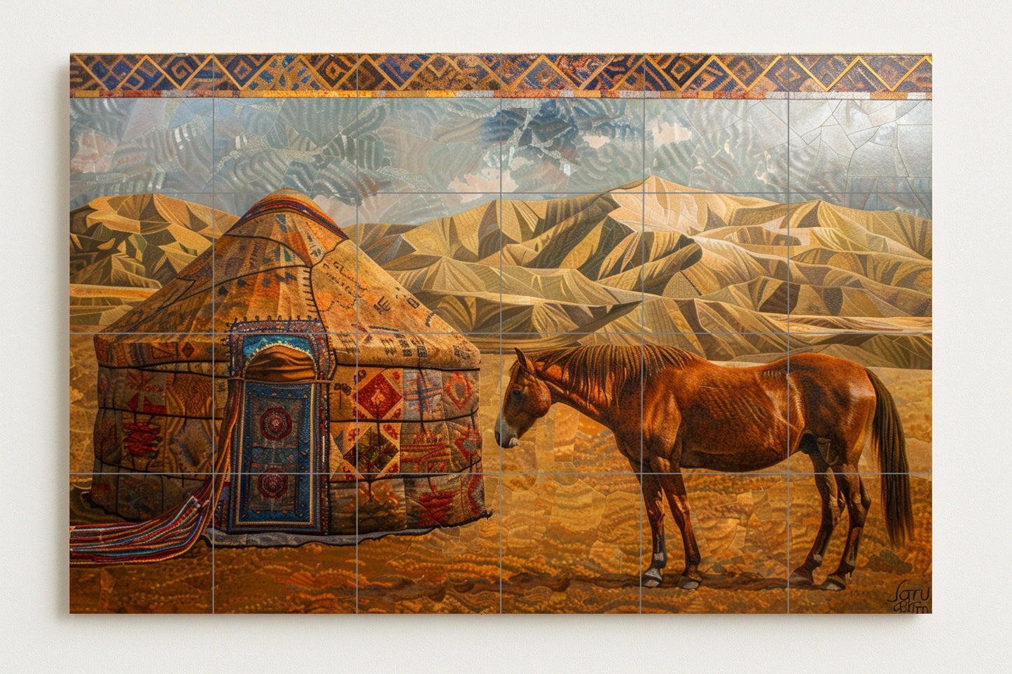Nomadic yurt wall mural • Hand-painted horse and steppe scene • Central Asian ceramic tile artwork • Kazakh Kyrgyz interior accent