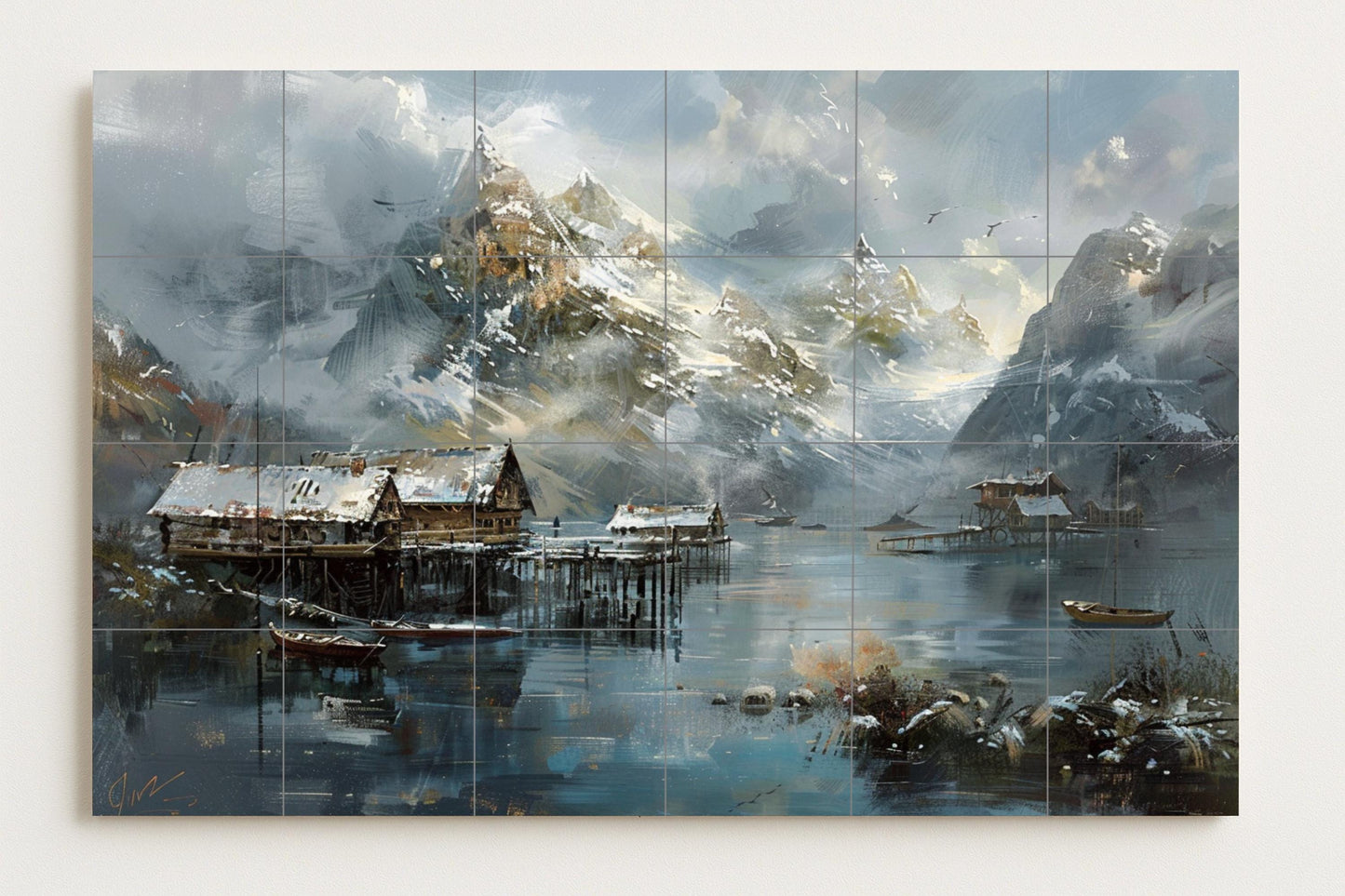 Nordic Winter Tile Mural • Hand-Painted Alpine Lake Scene • Scandinavian Mountain Cottage Decor • Hallstatt Style Ceramic Artwork