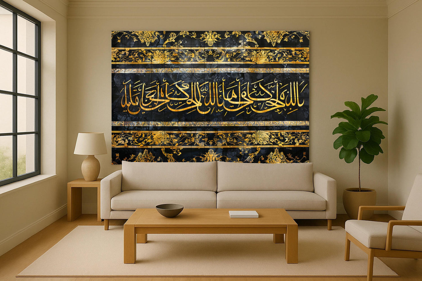 Tile mural with Islamic calligraphy • Golden Arabic script on black ceramic • Kufi-style spiritual art • Decorative panel inspired by Mecca