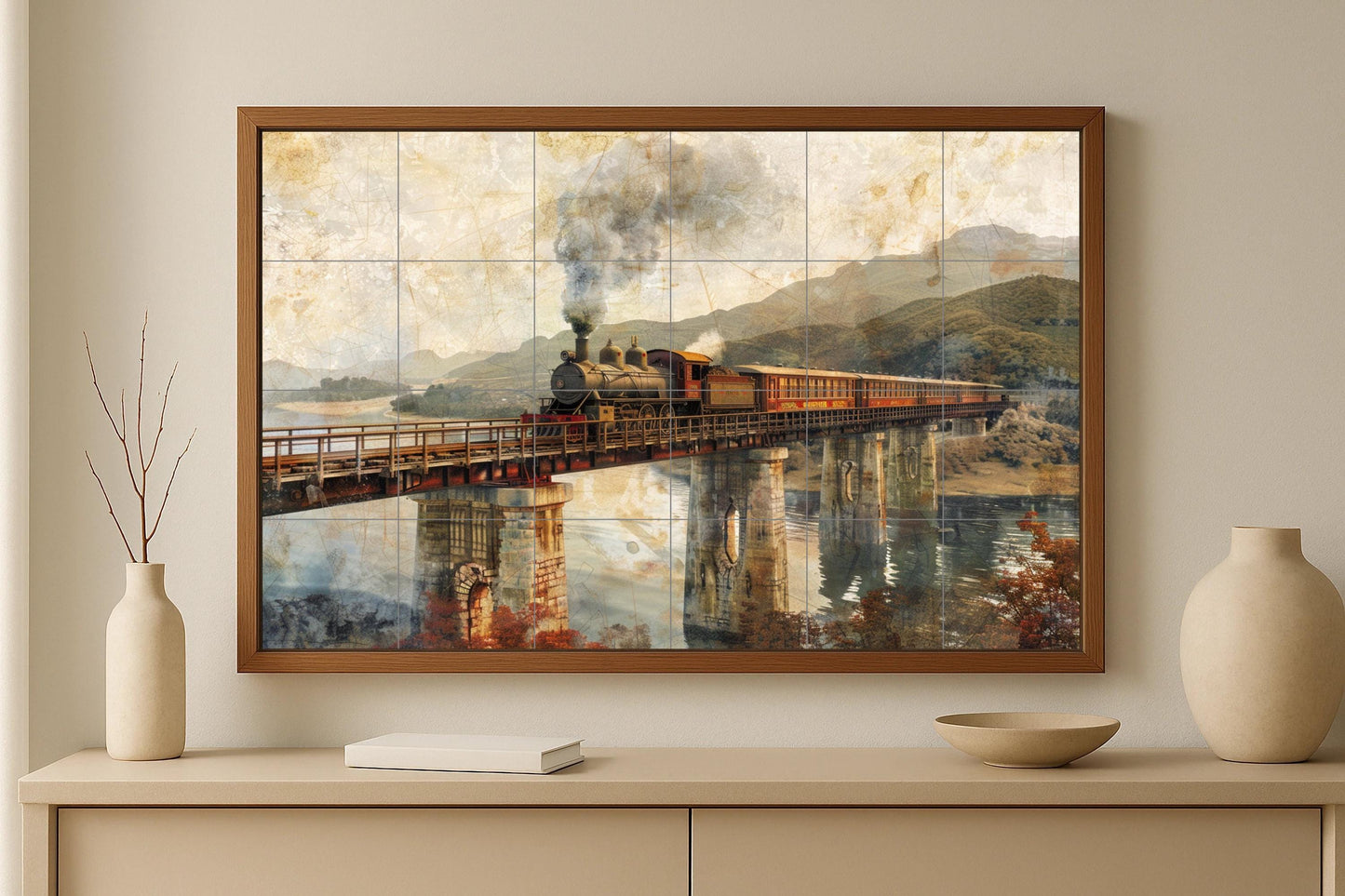 Steam train mural • European railway tile mural art • Alpine bridge decoration • Vintage travel panel • Ceramic locomotive scene • Panoramic viaduct