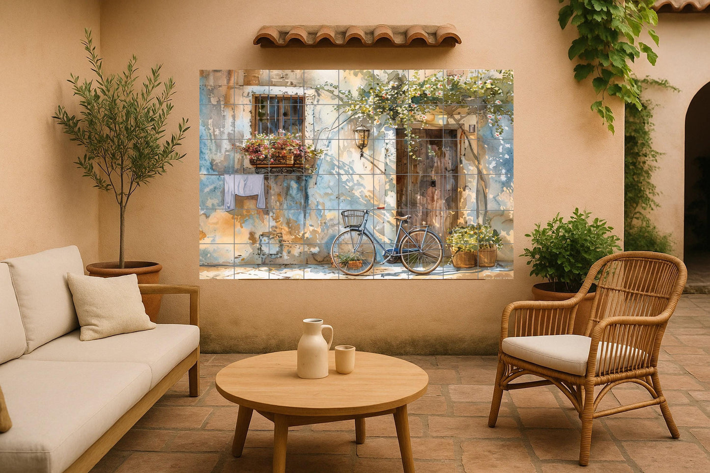 Provencal door mural • French watercolor tile mural art • Bicycle scene decoration • Aix street panel • Mediterranean facade ceramics • Vignette